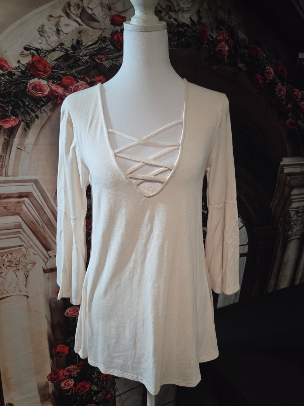 Buckle Cream Long Sleeve Crisscross V-Neck Blouse